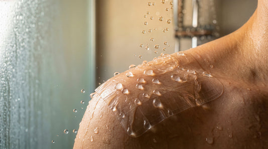 Person showering with a SUPERBAND hydrocolloid bandage on the shoulder