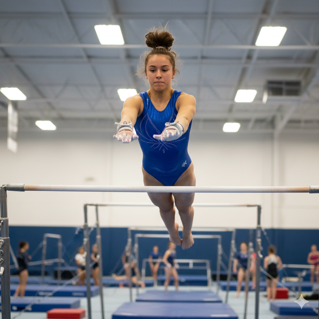 Female gymnast performing a high-bar release move in a gym, highlighting the intense pressure on palms
